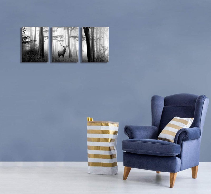 Visual Art Decor Black and White Wall Art Deer in Autumn Foggy Forest Picture Indeer Elk Stag Canvas Prints for Home Living Room Bedroom Wall Decoration Ready to Hang - Image 4